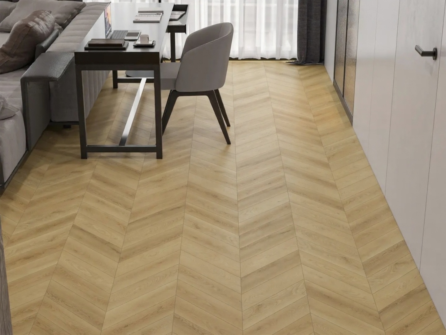 Ламинат Alpine Floor Chevron Art Дуб Пиренеи LF109-03 французская елка 550×112×12 фото в интерьере